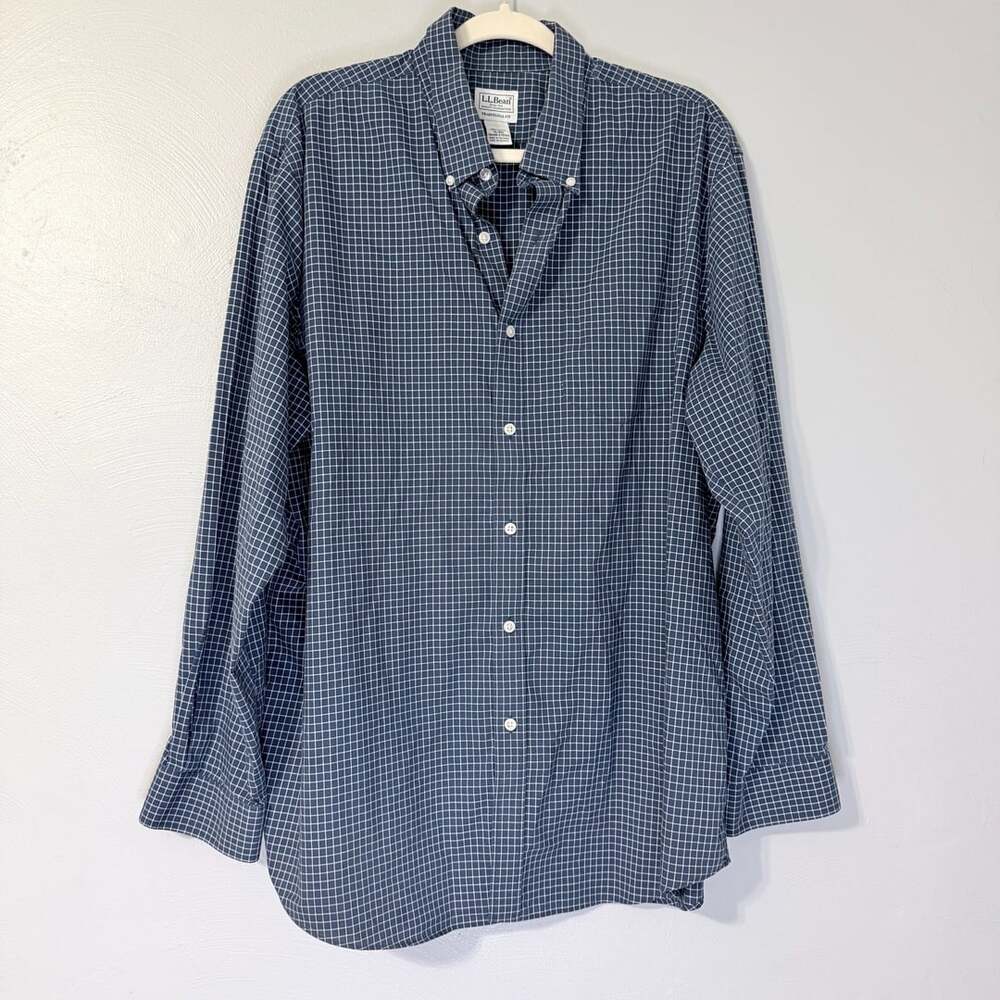 LL Bean Traditional Fit Blue Check Grid Button Down Long Sleeve Shirt XL Regular